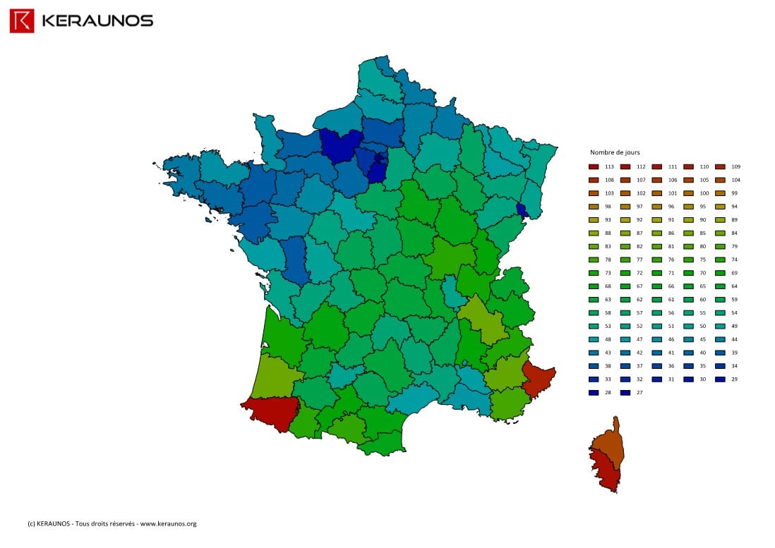 Carte du nombre de jours avec orage en France en 2013. (c) KERAUNOS