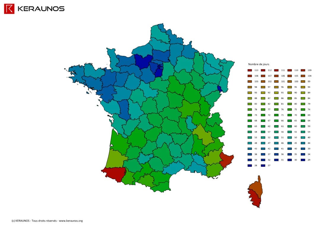 Carte du nombre de jours avec orage en France en 2013. (c) KERAUNOS Carte du nombre de jours avec orage en France en 2013. (c) KERAUNOS
