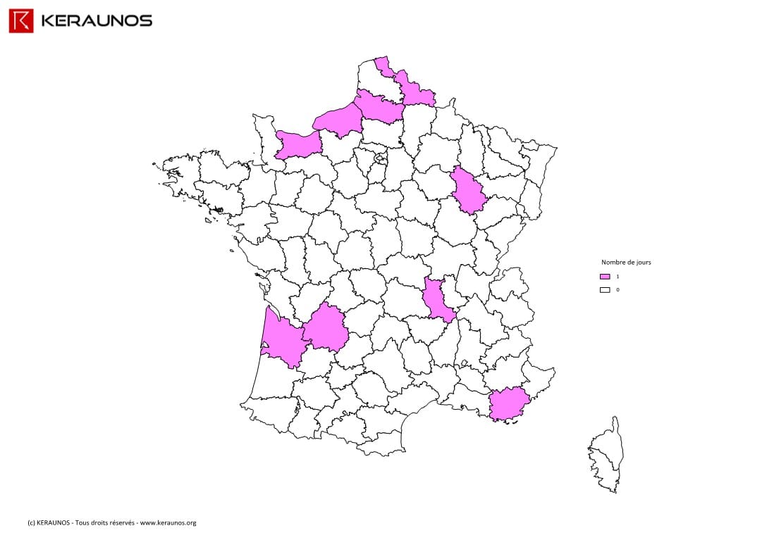 Carte du nombre de jours avec orage extreme en France en 2013. (c) KERAUNOS