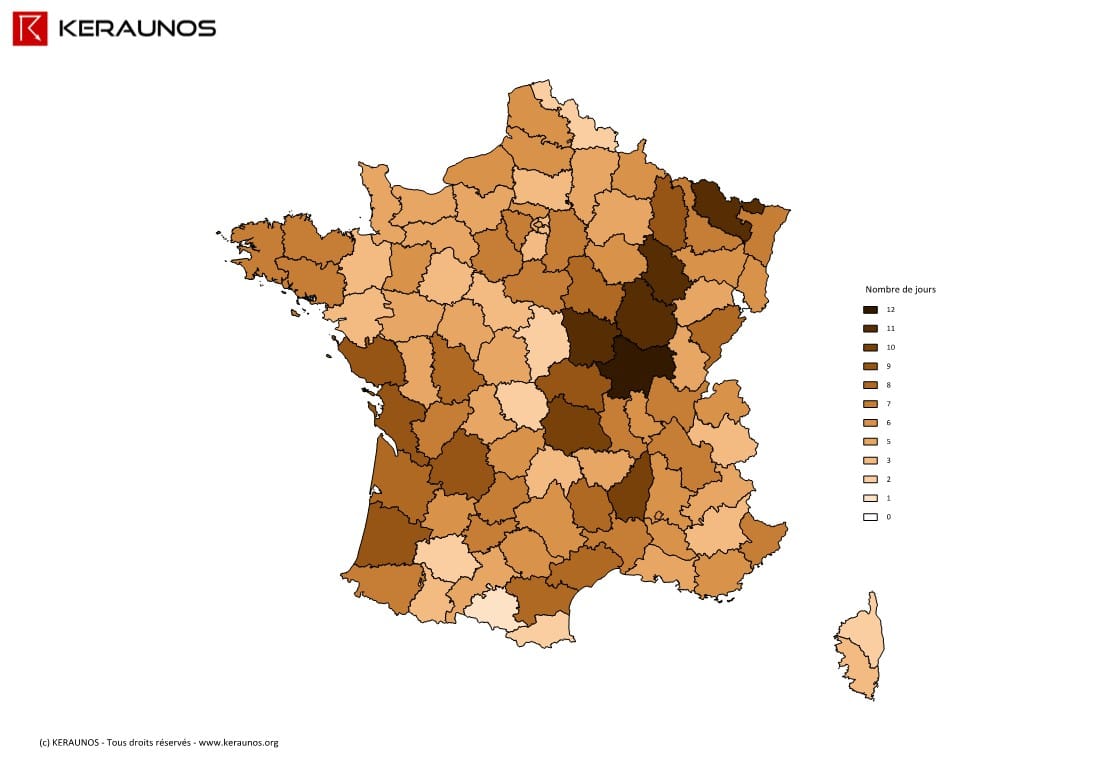Carte du nombre de jours avec orage fort en France en 2013. (c) KERAUNOS