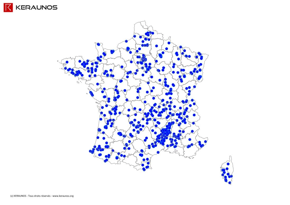 Carte des lames d'eau significatives sous orages relevées en France en 2013. (c) KERAUNOS