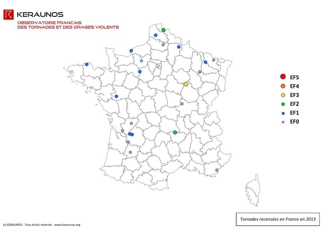 Carte des tornades en France en 2013. (c) KERAUNOS