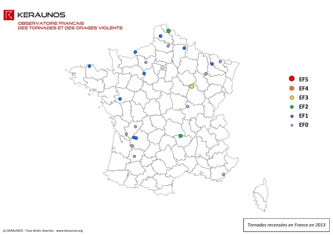 Carte des tornades en France en 2013. (c) KERAUNOS Carte des tornades en France en 2013. (c) KERAUNOS