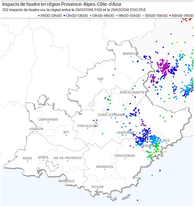 Activité foudre le 29 juillet 2014 entre 13h00 et 19h00 locales. (c) KERAUNOS / données Blitzortung Activité foudre le 29 juillet 2014 entre 13h00 et 19h00 locales. (c) KERAUNOS / données Blitzortung