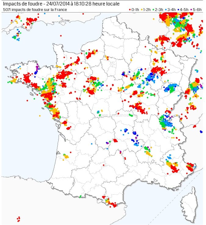 Activité foudre sur la France ces 6 dernières heures