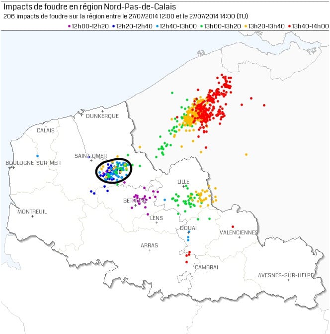 Activité foudre le 27 juillet 2014 entre 14h00 et 16h00 locales. (c) KERAUNOS / données Blitzortung