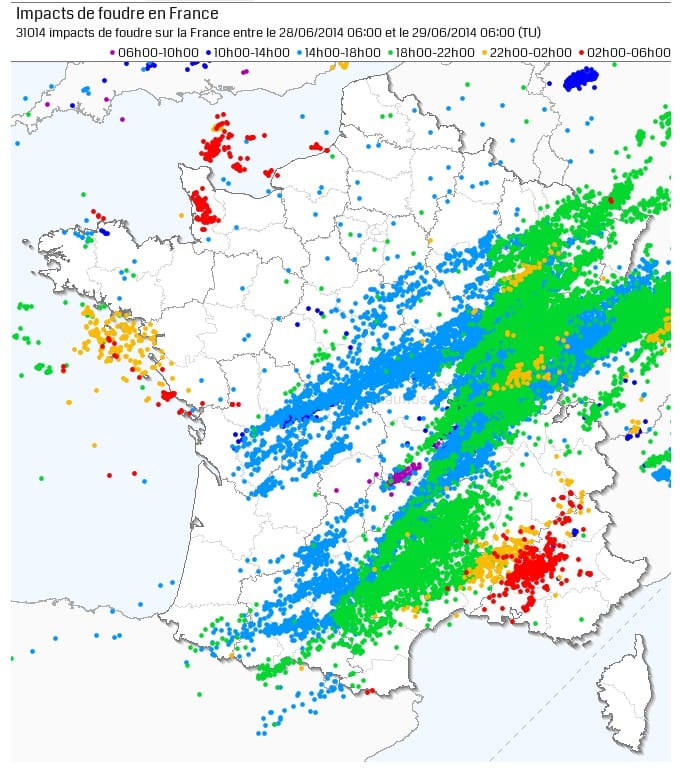 Carte des impacts de foudre de 6h TU le 28 à 6h TU le 29 juin