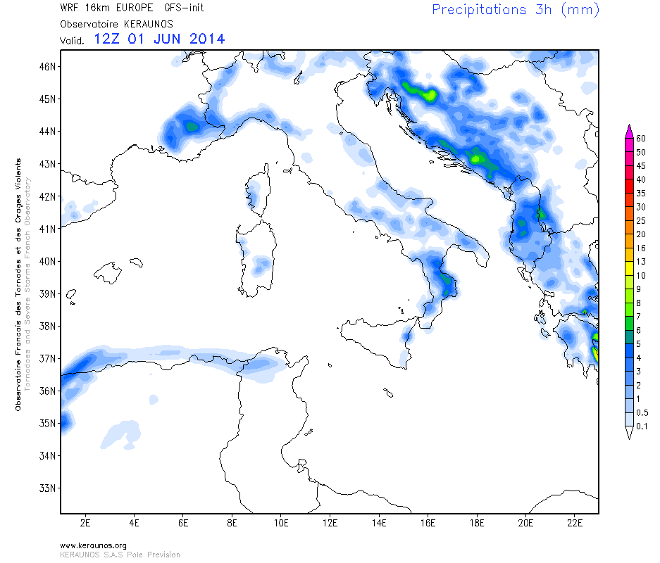 Précipitations prévues par intervalles de 3 heures. Modèle WRF 16 km. Run du 01.06.2014 00Z. (c) KERAUNOS Précipitations prévues par intervalles de 3 heures. Modèle WRF 16 km. Run du 01.06.2014 00Z. (c) KERAUNOS