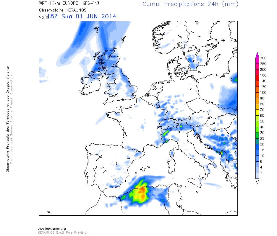 Cumuls de précipitations en 24 heures. Modèle WRF 16 km Europe. Run du 01.06.2014 00Z. (c) KERAUNOS Cumuls de précipitations en 24 heures. Modèle WRF 16 km Europe. Run du 01.06.2014 00Z. (c) KERAUNOS
