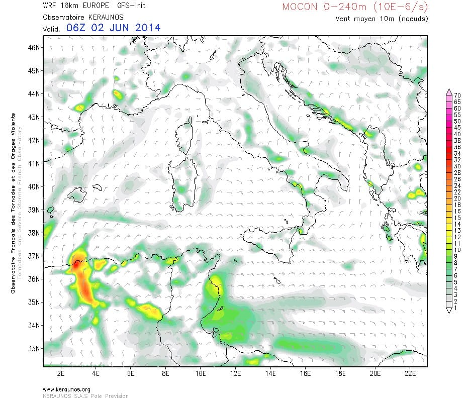 MOCON (convergence humide) et vent moyen 10 m. Modèle WRF 16 km Europe. Run du 01.06.2014 00Z. (c) KERAUNOS MOCON (convergence humide) et vent moyen 10 m. Modèle WRF 16 km Europe. Run du 01.06.2014 00Z. (c) KERAUNOS