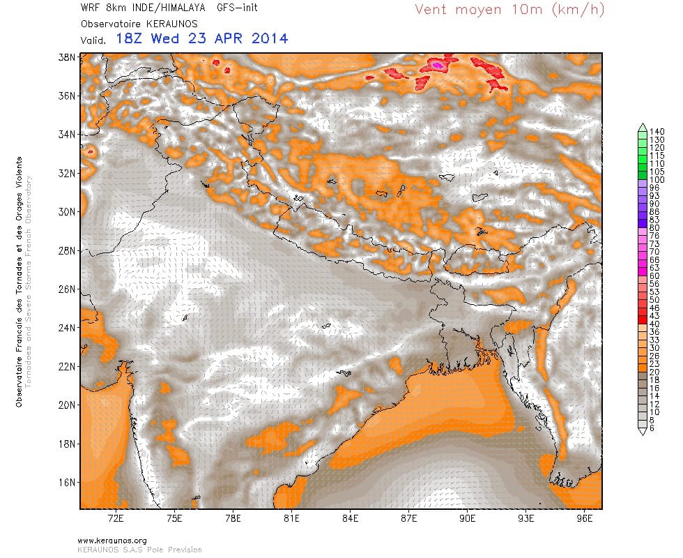 Modèle WRF 8 km Inde / Golfe du Bengale. (c) KERAUNOS