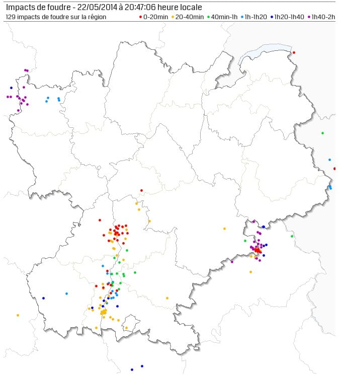 Activité foudre sur Rhône-Alpes ces 2 dernières heures Activité foudre sur Rhône-Alpes ces 2 dernières heures