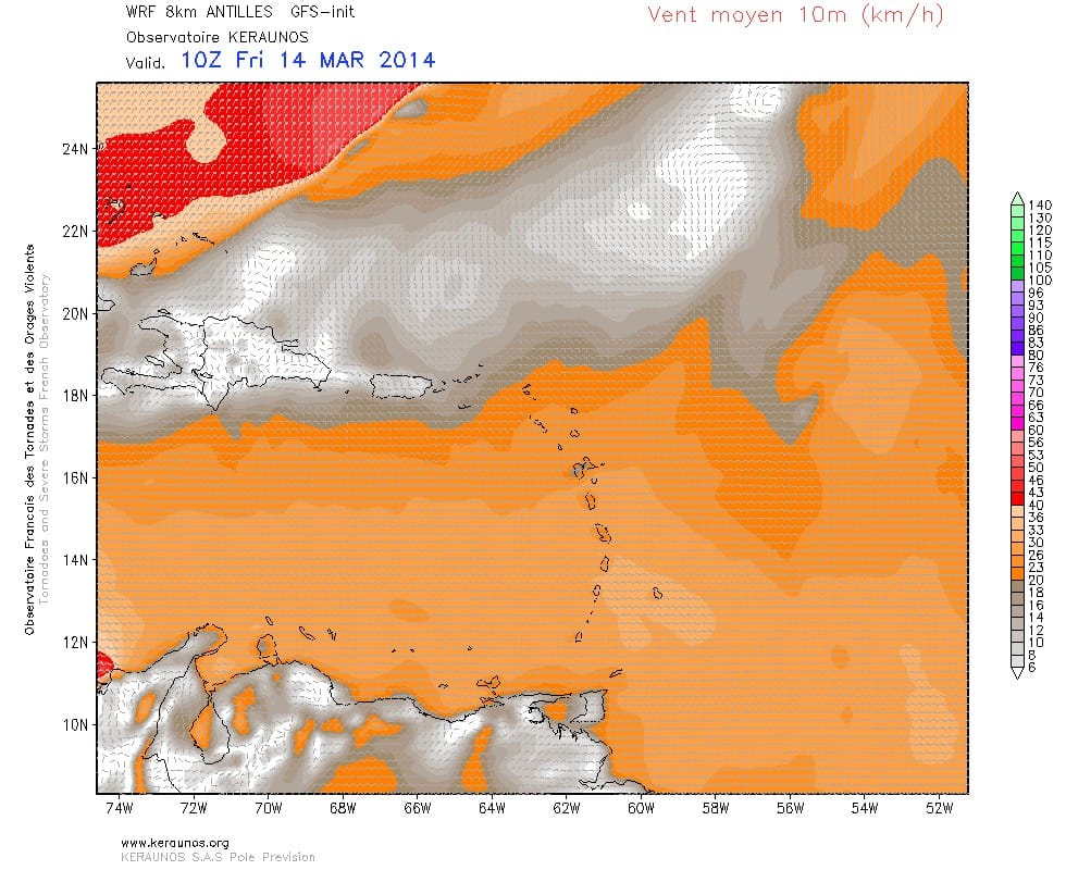 Champ de vent à 10 mètres. Modèle WRF 8 km Antilles - Caraïbes. (c) KERAUNOS Champ de vent à 10 mètres. Modèle WRF 8 km Antilles - Caraïbes. (c) KERAUNOS