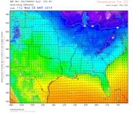 Température à 2 m et vent à 10 mètres. Modèle WRF 8 km Tornado Alley - USA. (c) KERAUNOS