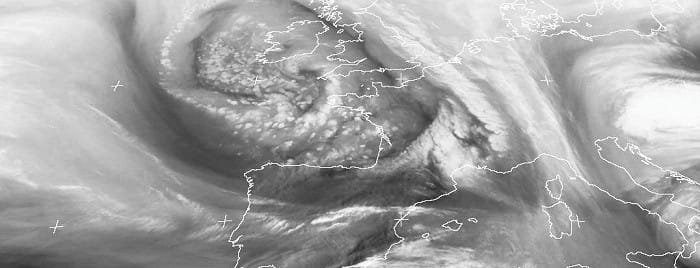 Système dépressionnaire au sud de l'Irlande, avec ligne de grains très venteuse sur le Finistère. Image satellite canal vapeur d'eau du 3 mars 2014 à 04h locales. (c) METEOSAT