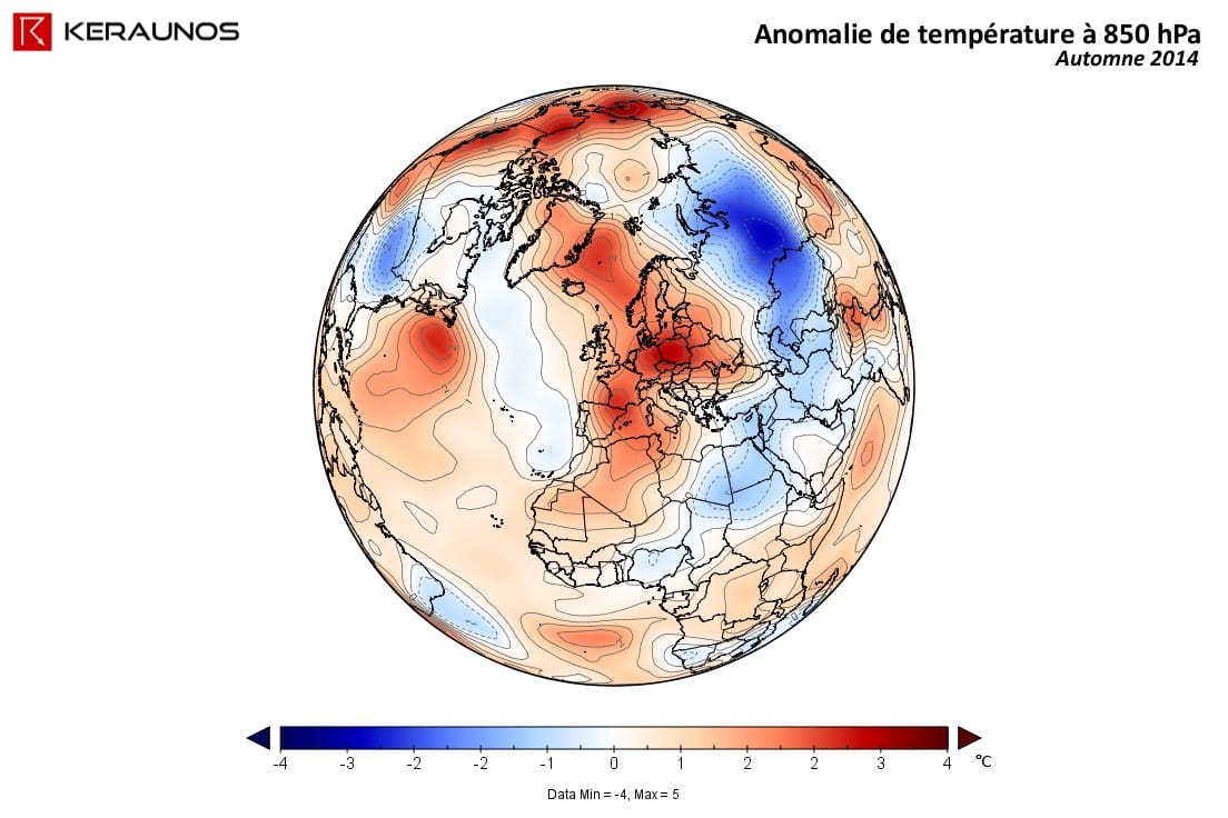 Anomalie des températures à 850 hPa durant l'automne 2014