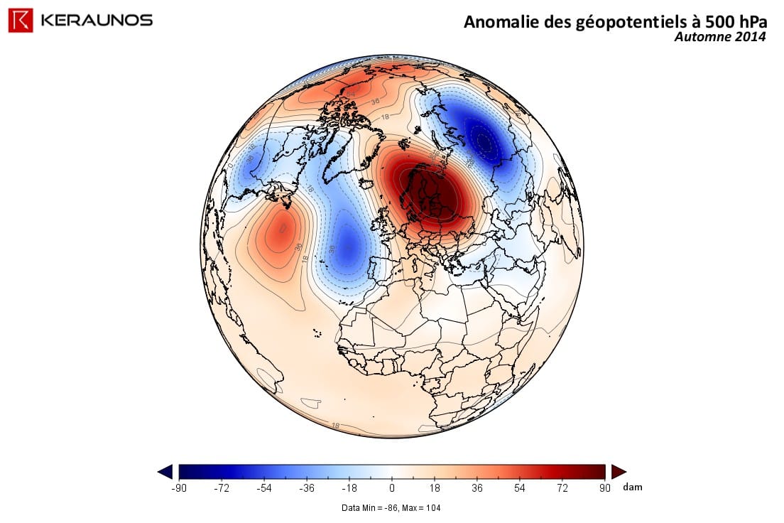 Anomalie des géopotentiels à 500 hPa durant l'automne 2014