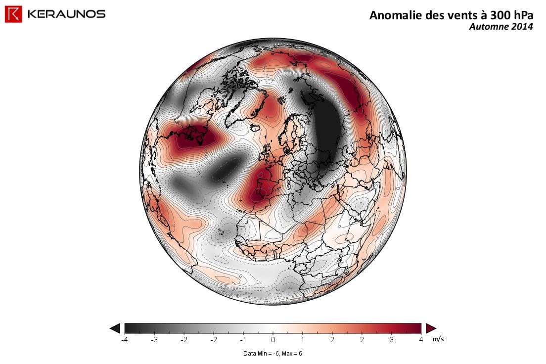 Anomalie des vents à 300 hPa durant l'automne 2014