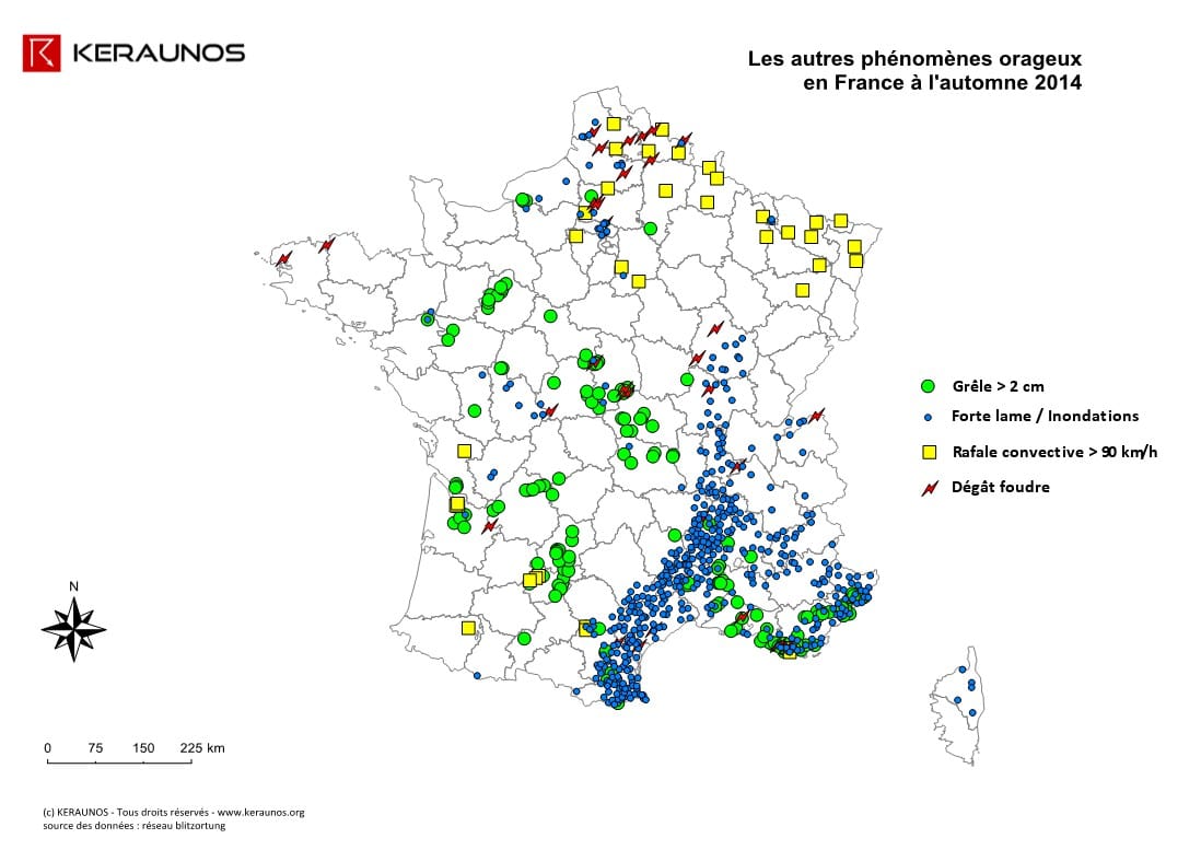 Les phénomènes convectifs recensés en France à l'automne 2014 - © KERAUNOS