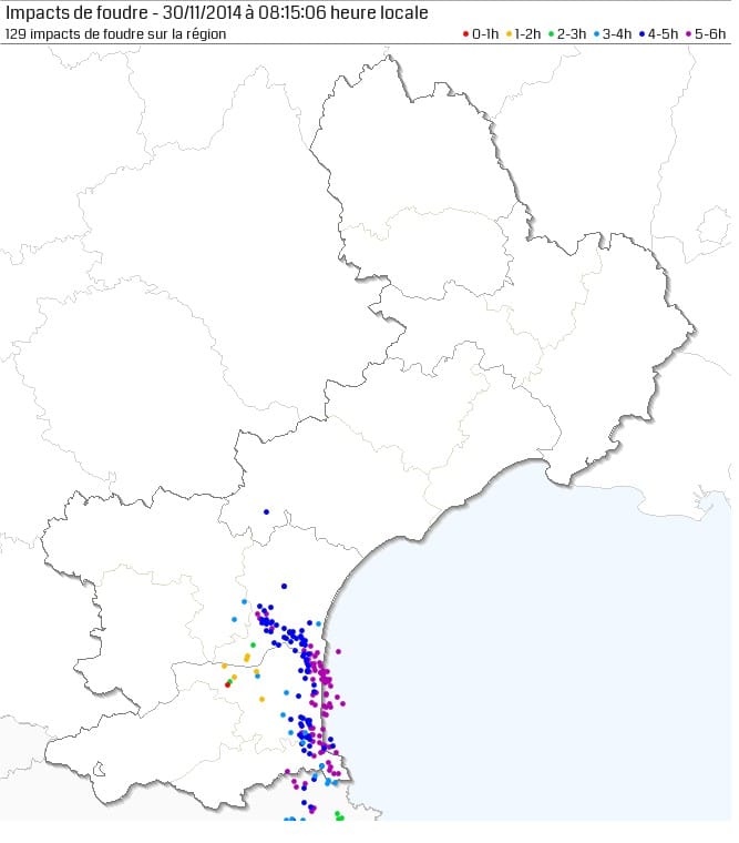 Activité foudre observée durant la nuit du 29 au 30 novembre entre 02h15 et 08h15 loc - Blitzortung / Keraunos Activité foudre observée durant la nuit du 29 au 30 novembre entre 02h15 et 08h15 loc - Blitzortung / Keraunos