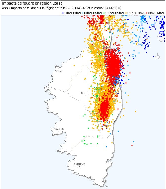 Activité foudre observée au cours des 20 dernières heures en Corse. © KERAUNOS / données Blitzortung