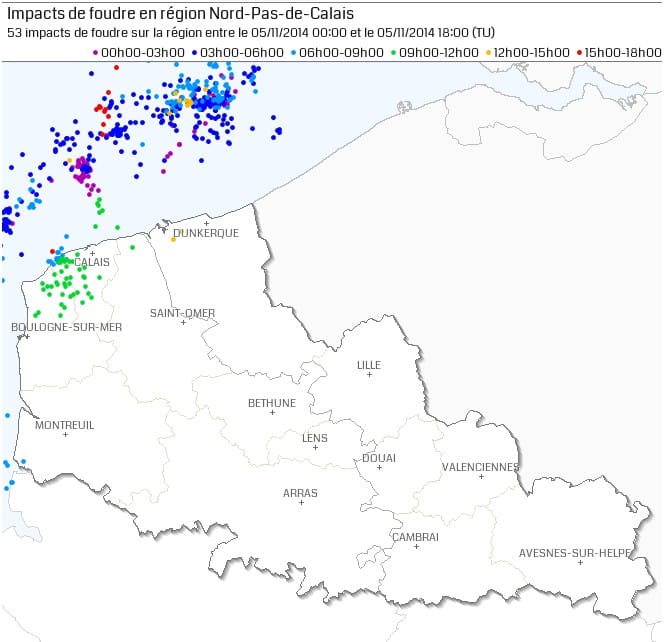 Activité foudre le 5 novembre 2014 entre 00h00 et 18h00 TU. © KERAUNOS / données Blitzortung Activité foudre le 5 novembre 2014 entre 00h00 et 18h00 TU. © KERAUNOS / données Blitzortung