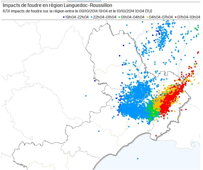 Impacts de foudre sur les 12 dernières heures en Languedoc - Blitzortung / Keraunos