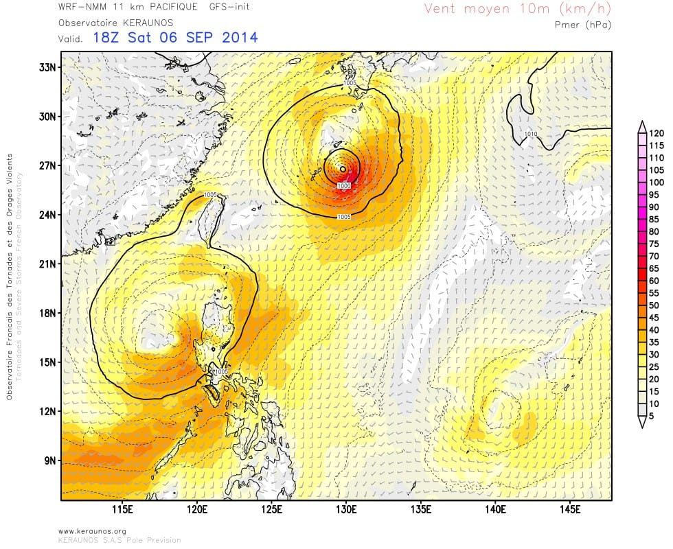 Vent à 10 mètres. Modèle WRF 11 km Asie-Pacifique. (c) KERAUNOS Vent à 10 mètres. Modèle WRF 11 km Asie-Pacifique. (c) KERAUNOS
