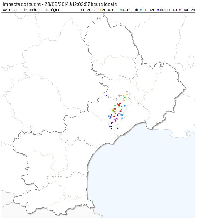 Activité foudre sur l'Hérault entre 10h05 et 12h05 loc