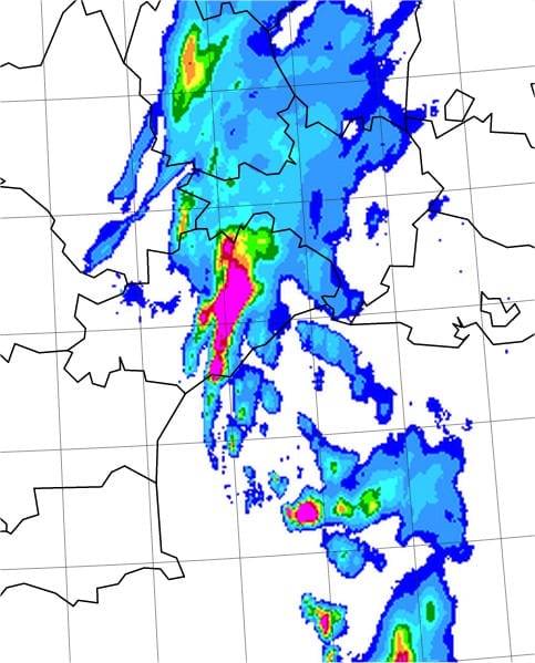 Imaga radar Météo-France : système convectif bloqué sur le centre Hérault
