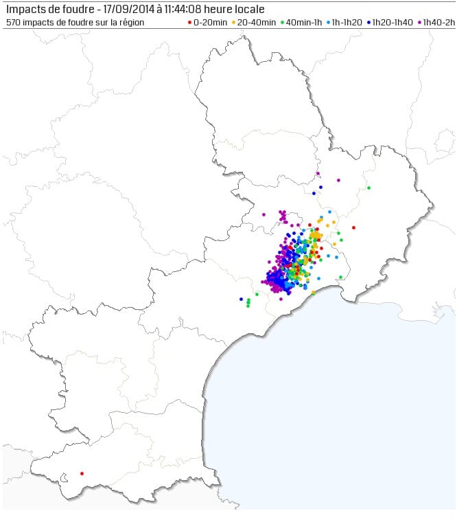 Impacts de foudre de 9h45 à 11h45 - Blitzortung Impacts de foudre de 9h45 à 11h45 - Blitzortung