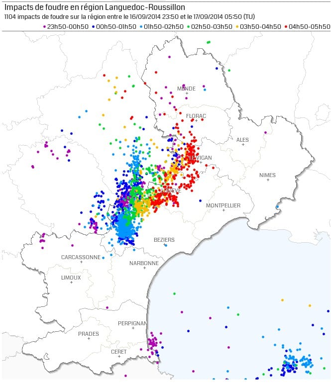 Activité foudre le 17 septembre 2014 en deuxième partie de nuit. © KERAUNOS / données Blitzortung