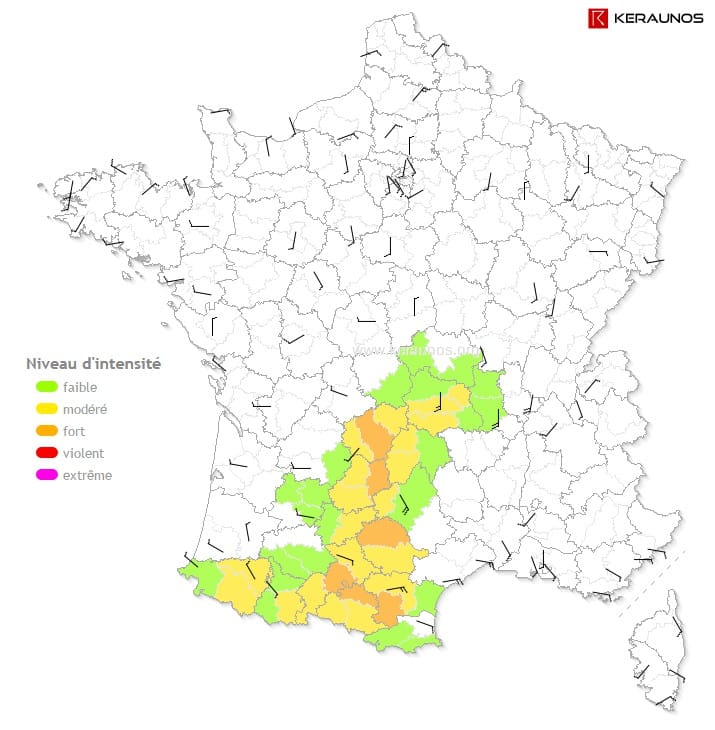 Vents à 10m à 18h et intensité des orages ces 6 dernières heures