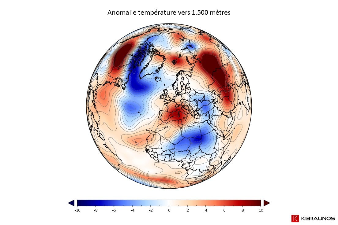Anomalie de la température à 850 hPa entre le 1er et le 5 décembre 2015. © KERAUNOS / NOAA Anomalie de la température à 850 hPa entre le 1er et le 5 décembre 2015. © KERAUNOS / NOAA