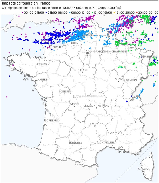 Activité foudre le 14 janvier 2015. © KERAUNOS / données Blitzortung