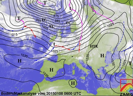 Satellite et analyses - Jeudi 9 janvier 2015 à 06 et 12 h TU (ZAMG)