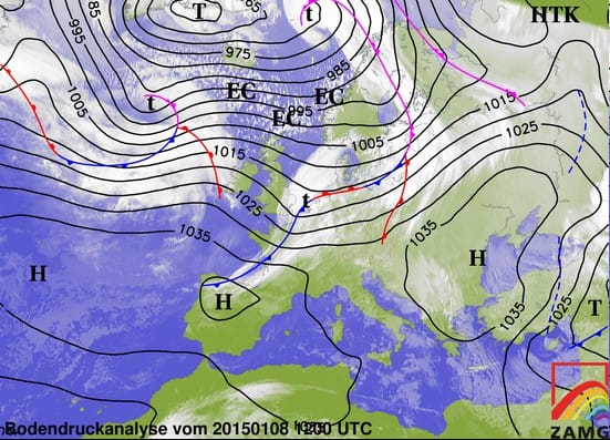 Satellite et analyses - Jeudi 9 janvier 2015 à 06 et 12 h TU (ZAMG)