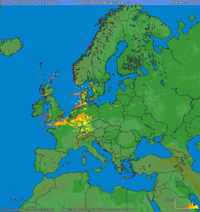 Impacts de foudre détectés par Bliztortung - Mardi 13 et mercredi 14 janvier 2015 (Lightning Maps)