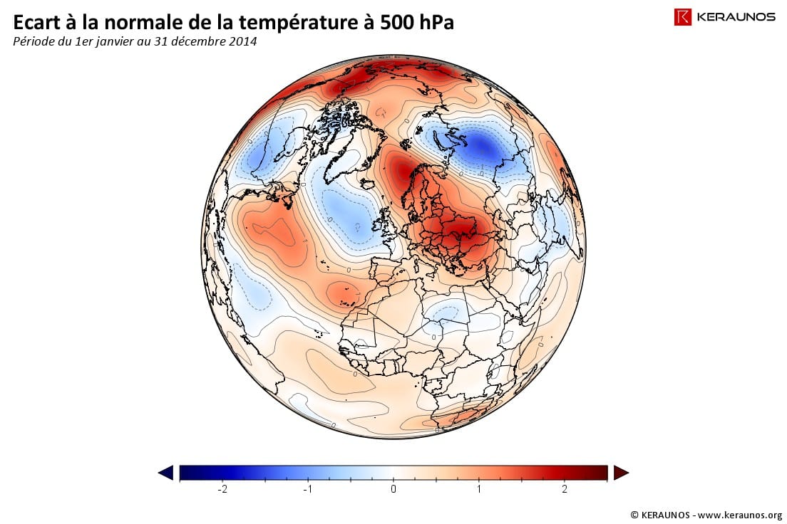 Anomalie de température à 500 hPa en 2014 (°C). (c) KERAUNOS
