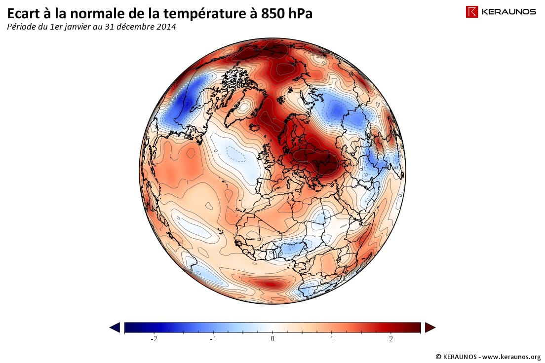Anomalie de température à 850 hPa en 2014 (°C). (c) KERAUNOS
