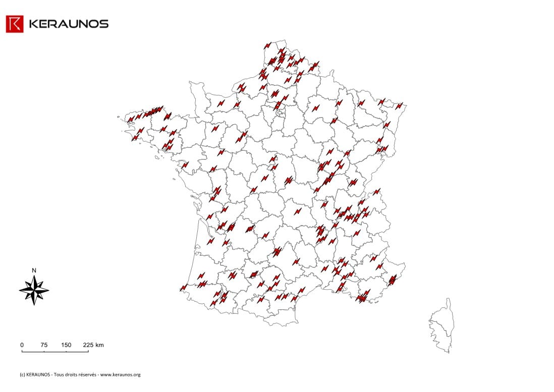 Carte des dégâts dus à la foudre relevés en France en 2014. (c) KERAUNOS