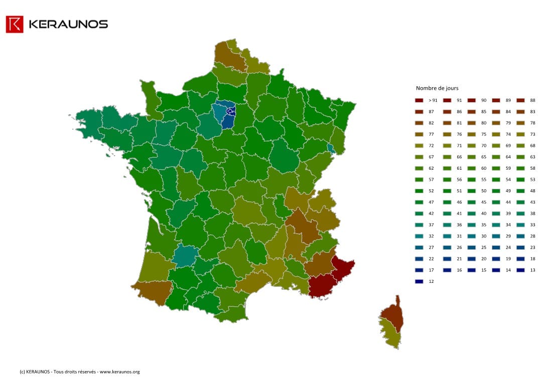 Carte du nombre de jours avec orage en France en 2014. (c) KERAUNOS