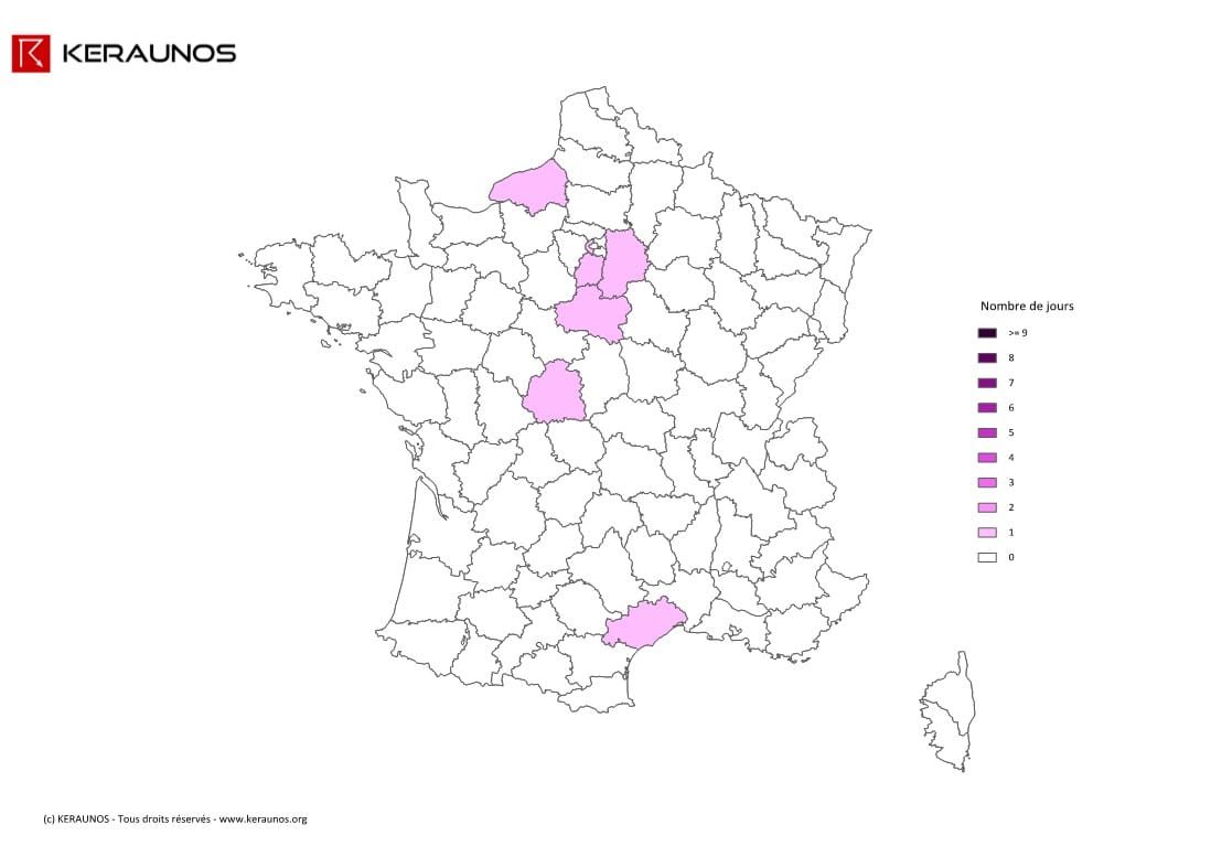 Carte du nombre de jours avec orage extreme en France en 2014. (c) KERAUNOS