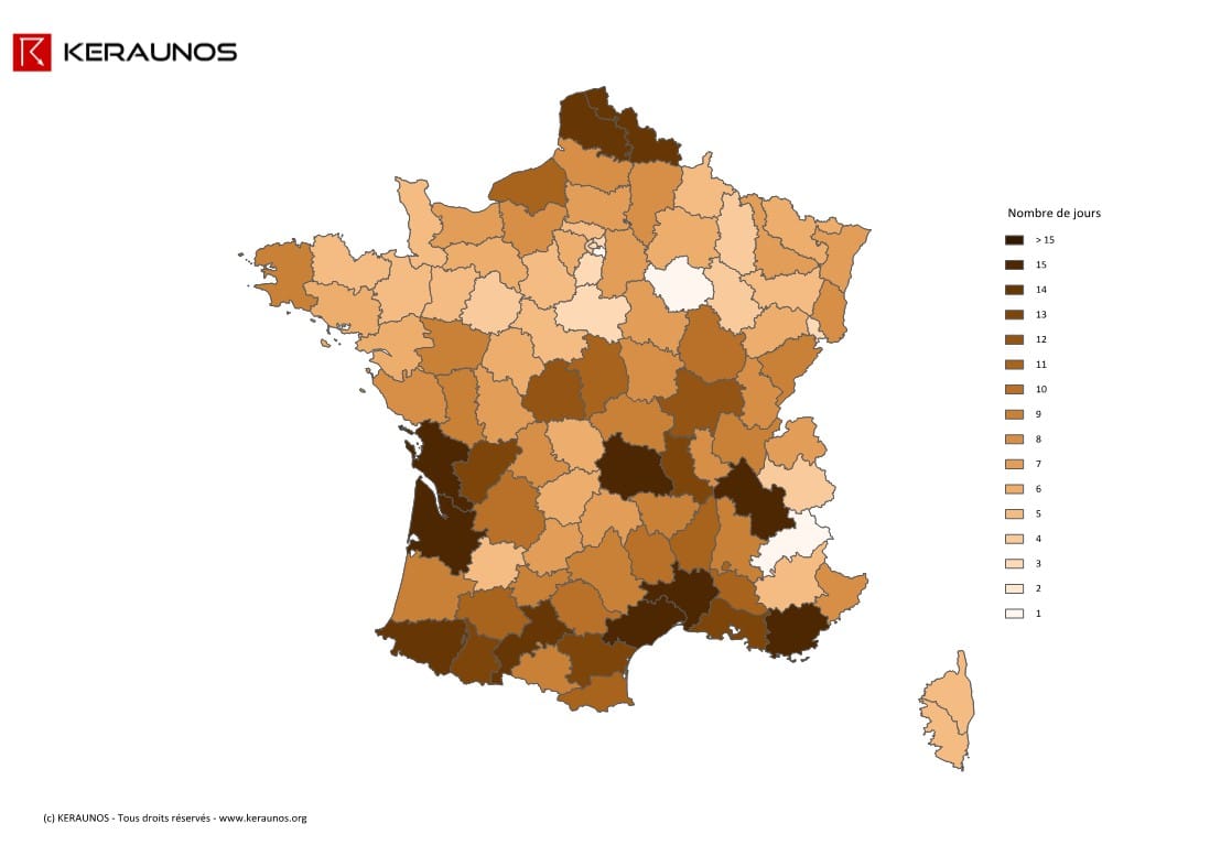 Carte du nombre de jours avec orage fort en France en 2014. (c) KERAUNOS