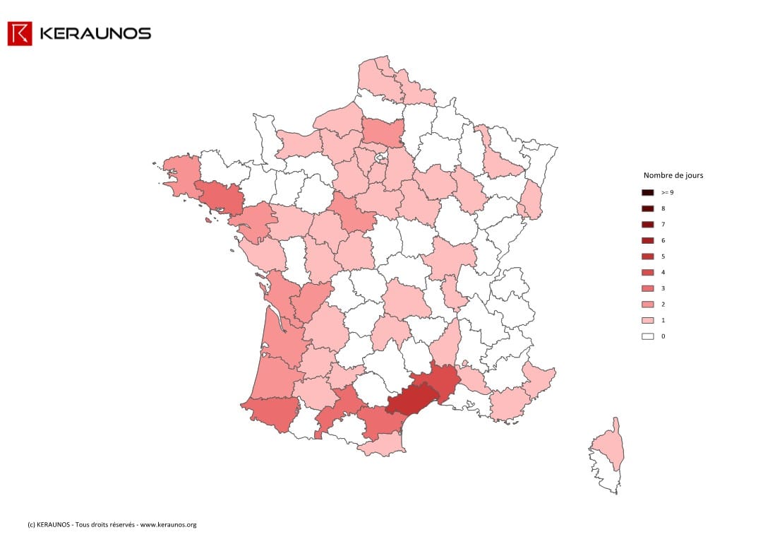 Carte du nombre de jours avec orage violent en France en 2014. (c) KERAUNOS
