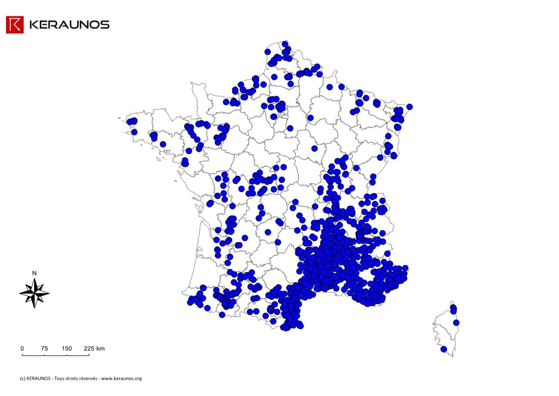Carte des lames d'eau significatives sous orages relevées en France en 2014. (c) KERAUNOS