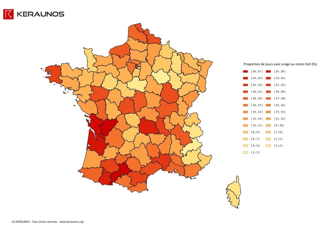 Carte de la proportion du nombre de jours avec orage fort  sur le nombre de jours avec orage en France en 2014. (c) KERAUNOS