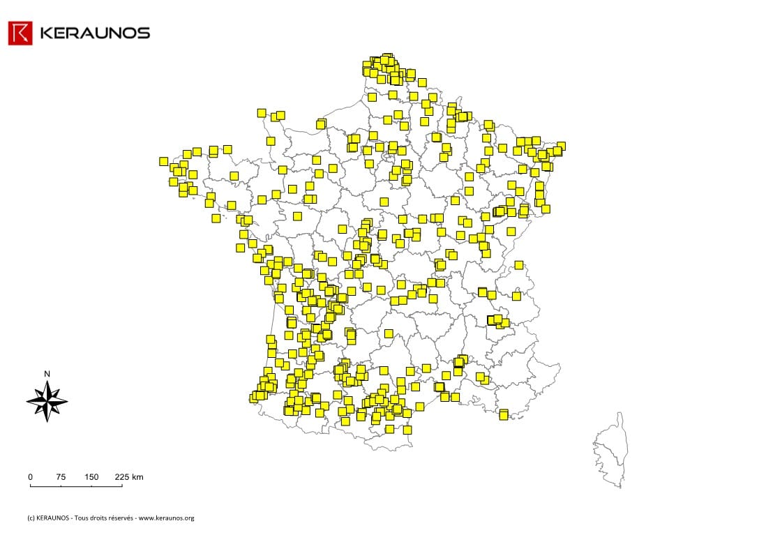 Carte des rafales convectives (> 90 km/h) relevées en France en 2014. (c) KERAUNOS