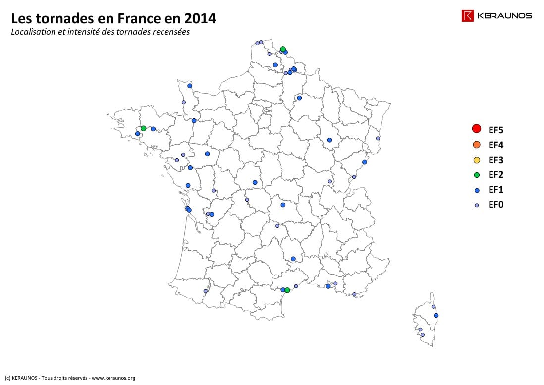 Carte des tornades en France en 2014. (c) KERAUNOS