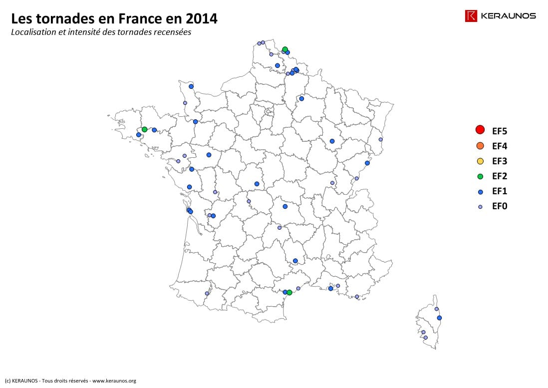 Carte des tornades en France en 2014. (c) KERAUNOS Carte des tornades en France en 2014. (c) KERAUNOS